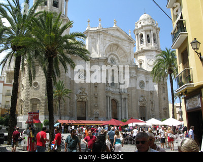 Cadiz-Domplatz (Plaza De La Catedral), mit Kunst und Handwerk Markt und Palm Trees, Andalusien, Spanien, España, Europe Stockfoto