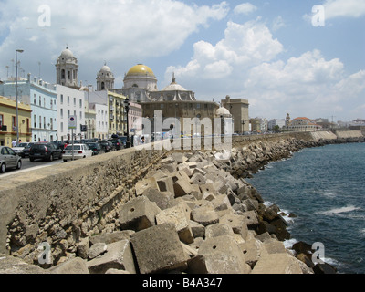 Die Kathedrale von Cadiz vom Meer am Campo del Sur. Cadiz, Andalusien, Spanien, España, Europa Stockfoto