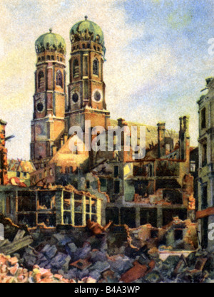 Geografie/Reisen, Deutschland, München, Nachkriegszeit, Kirchen, Frauenkirche, Außenansicht, zerstört: 1944, Druck, nach Aquarell von Gebhard Reitz, 1946, Veröffentlichung Genehmigt von US Army, bildende Kunst, Kirche, Dom, Ruine, Überreste, bombardiert, II, 2., 2. Weltkrieg, Zerstörung, Zerstörung, Wasserfarbe, historisch, historisch, historisch, 40er, 40er, 20. Jahrhundert, Trümmer Stockfoto