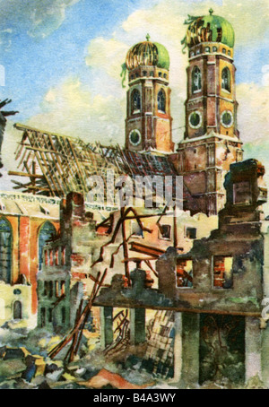 Geografie/Reisen, Deutschland, München, Nachkriegszeit, Kirchen, Frauenkirche, Außenansicht, zerstört: 1944, Druck, nach Aquarell von Gebhard Reitz, 1946, Veröffentlichung Genehmigt von US Army, bildende Kunst, Kirche, Dom, Ruine, Überreste, bombardiert, II, 2., 2. Weltkrieg, Zerstörung, Zerstörung, Wasserfarbe, historisch, historisch, historisch, 40er, 40er, 20. Jahrhundert, Trümmer Stockfoto