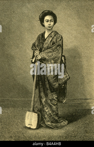 Geografie/Reisen, Japan, Menschen, Frauen, Geisha mit Samisen, volle Länge, Gravur, 1886, Stockfoto