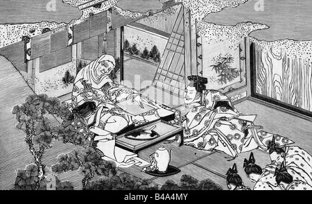 Geographie/Reisen, Japan, Menschen, Frauen, japanischer Statesman und seine Mutter, halbe Länge, Holzschnitt von Hokusai, 20. Jahrhundert, historisch, historisch, Asien, 20. Jahrhundert, traditionelle Kleidung, Stockfoto