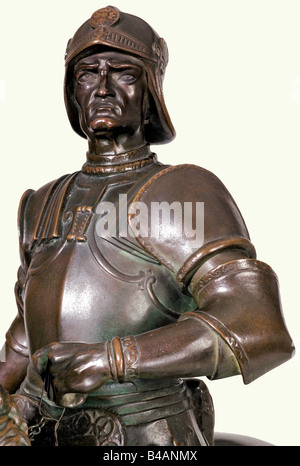 Ein Reiterstandbild von Bartolomeo Colleoni, nach dem Entwurf von Andrea del Verrocchio, 19. Jahrhundert. Bronze mit brauner Patina. Die Figur des Condottiere und des Generalleutnants der Serenissima. Auf einem quadratischen, bronzenen Sockel, darauf das Gießereietikett "Guss R. Stotz Stuttgart". Die Zügel sind an beweglichen Ketten montiert, an der Hand mit Draht repariert. Höhe (inkl. Sockel) 65 cm. Das berühmte Modell von Verrocchio (1435 - 1488) befindet sich auf dem Campo Santi Giovanni e Paolo in Venedig: Menschen, 19. Jahrhundert, Kunst, Staatlichkeit, Figurine, Figurinen, Statuetten, Scul, Stockfoto