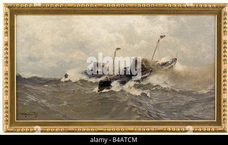 Carl Saltzmann (1847 - 1923) - "Torpedoboot Angriff'., Seascape mit zwei Booten in schwerer See torpedieren. Die Schiffe sind so genannte T-Boote, die im Jahr 1885 in Betrieb genommen wurden. Im Vordergrund S23. Öl auf Leinwand. 74 x 40 cm. Auf dem unteren linken "C. unterzeichnet Saltzmann 97'. Blattgold vergoldeten Rahmen. Carl Saltzmann war einer der renommiertesten Marine Maler seiner Zeit und lehrte als Professor der Malerei an der Akademie in Berlin. Er begleitete Kaiser Wilhelm auf seiner Reise in die nördlichen Länder und machte eine Reise um die Welt mit Prinz H, Artist's Urheberrecht nicht geklärt zu werden. Stockfoto