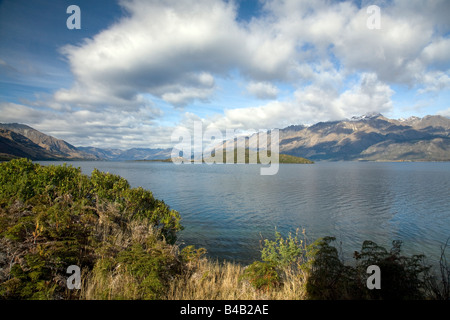 Blick nach Süden in Richtung Queenstown am Lake Wakatipu einschließlich Schwein und Taube Inseln, Südinsel, Neuseeland Stockfoto