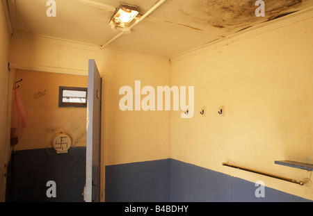 Hakenkreuz und BNP Graffiti auf einer schmutzigen LKW Fahrer Toilette Wand in Grays, Thames Gateway gekritzelt Stockfoto