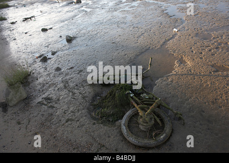 Verlassene Trail-Bike mit Fluss Unkraut bedeckt und Schlamm durch Ebbe Themse Wasser Greenhithe Kent ausgesetzt ist Stockfoto