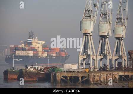 Riesigen Container-Frachtschiff auf der Themse erleichtert flussabwärts im Nebel vorbei an alten Dock-Krane in Gravesend in Richtung offenes Meer Stockfoto