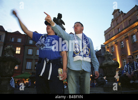 Fußball-Fans von Lech Poznan feiert auf dem alten Marktplatz, Poznan, Polen Stockfoto