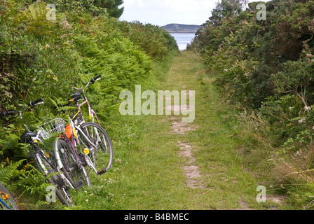 Mieten Sie Fahrräder, die durch den Pfad zu einem ruhigen Strand auf Str. Marys Isles of Scilly aufgegeben Stockfoto