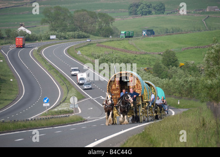 Roma-Zigeuner fahren ihre bunten Wohnwagen auf dem Weg nach Appleby Pferd Fayre.  Bereich Middlands, U.K Stockfoto