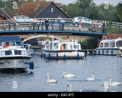 Freude CRUISER UNTER ROAD BRIDGE IN WROXHAM NORFOLK EAST ANGLIA ENGLAND GROSSBRITANNIEN Stockfoto