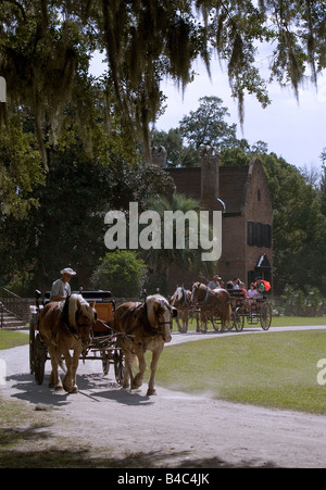 Pferdekutschen passieren die Haupthaus Middleton Place Plantage in Charleston SC Stockfoto