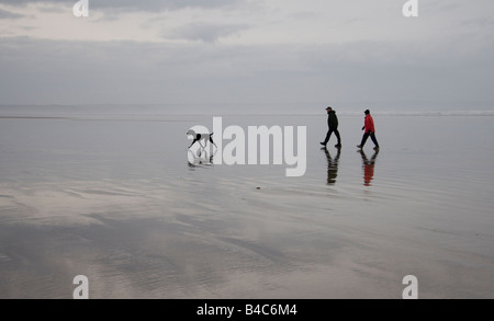 Mensch und Hund am Strand in Lügner Stockfoto