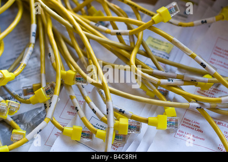 Gelbe Ethernet-Kabel liegen oben auf einem Netzwerk-Layout/design Stockfoto