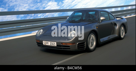 Auto, Porsche 959, Roadster, Coupé/Coupe, Silber/Anthrazit, Modelljahr 1986-1988, fahren, schräg von vorne, Frontalansicht Stockfoto