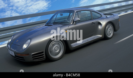 Auto, Porsche 959, Roadster, Coupé/Coupe, Silber/Anthrazit, Modelljahr 1986-1988, fahren, schräg von vorne, Seitenansicht, H Stockfoto