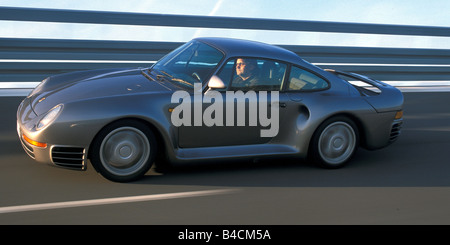 Auto, Porsche 959, Roadster, Coupé/Coupe, Silber/Anthrazit, Modelljahr 1986-1988, fahren, schräg von vorne, Seitenansicht, H Stockfoto