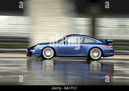 Porsche 911 GT3, Modell Jahr 2006-blau bewegt, Side View, Einfahr-und Prüfstrecke Stockfoto