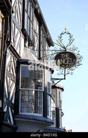 Der Engel Tudor House Fassade, Broad Street, Ludlow, Shropshire, England, Vereinigtes Königreich Stockfoto