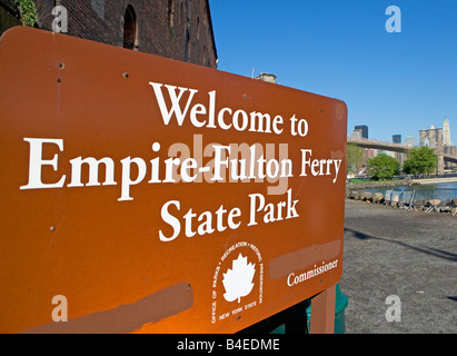 Dumbo, Brooklyn, signieren, New York, Karte, willkommen, Staatspark, reich-Fulton State Park, Brooklynbridge Stockfoto