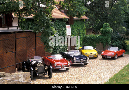 Auto, 90 Jahre Alfa Romeo, Landschaft, Natur, Sommer, Oldtimer, 1960er Jahre, sechziger Jahre, von links nach rechts: 6 C Zagato 1930, Giulietta Stockfoto