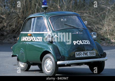 Auto, BMW Isetta, Oldtimer, unterhalb der 1950er Jahre, der fünfziger Jahre, dunkelgrün, Polizeiauto, Staatspolizei, Blaulicht, stehend, schräg vorne Stockfoto