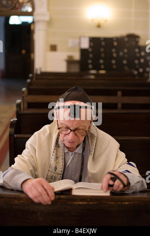 Ein älterer Mann besucht Dienstleistungen in der Nozyk-Synagoge in Warschau. Stockfoto