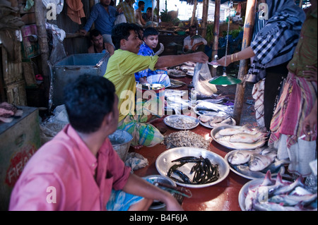 Männer, die Meeresfrüchte in einem offenen Markt in Dhaka zu verkaufen Stockfoto