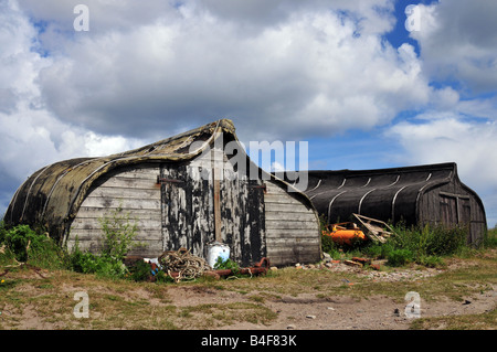 Umgedrehten Herringboat Rümpfe als Workshops an Lindisfarne Northumberland Stockfoto