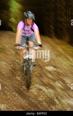Weibliche Mountainbiker mit Geschwindigkeit im Gisburnund Wald in der Bowland Fells Lancashire Stockfoto
