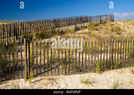 Cape May, New Jersey Strand mit vielen Fechten und Strandhafer. Stockfoto