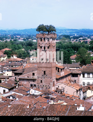 Steineichen und Touristen auf den Torre Guinigi, Lucca, Italien. Stockfoto