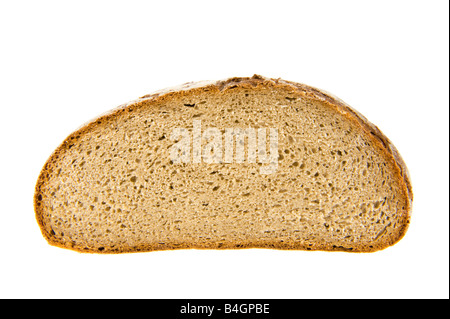 Grundnahrungsmittel diätetische Graubrot Schwarzbrot deutsche Deutschland Roggen Brot Bäcker Bäckerei Sauerteig Sauerteig Cob Laib Slice Runde Platte Stockfoto