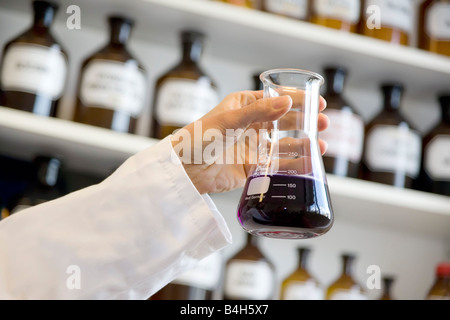 Wissenschaftler halten konischen Kolben im Labor Stockfoto