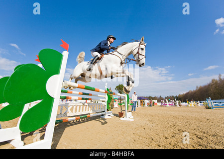 Jockey springen Hindernis, Ranshofen, Österreich Stockfoto