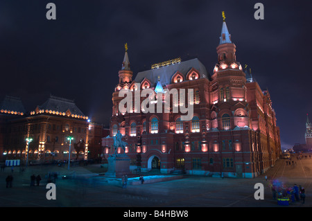 Museum leuchtet in der Nacht, National Staatliches Historisches Museum, Moskau, Russland Stockfoto