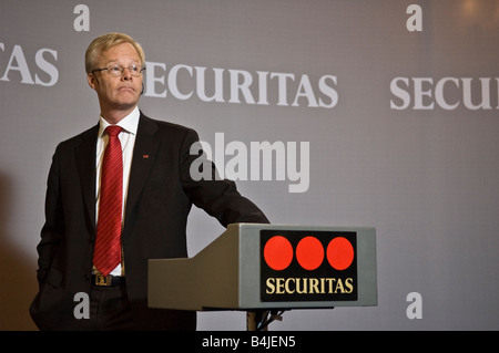 Alf Göransson CEO von Securitas die Sicherheitsfirma bei Pressekonferenz geben Kommentare über den Jahresbericht für das Jahr 2007 Stockfoto