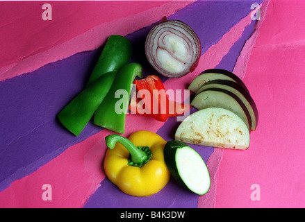 Grüne, rote und gelbe Paprika Zwiebeln Oktober 1998 Stockfoto