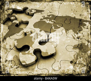 Welt Karte Puzzle auf Grunge Hintergrund Stockfoto