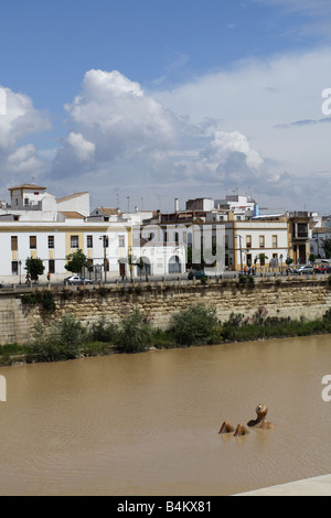 Ansicht von Cordoba vom anderen Ufer des Flusses Guadalquivir. Seltsame liegende Statue im Wasser. Stockfoto