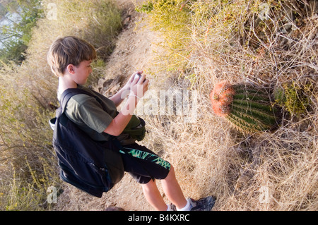 Junge unter Bild von Turk Kopf Kaktus in USVI Stockfoto