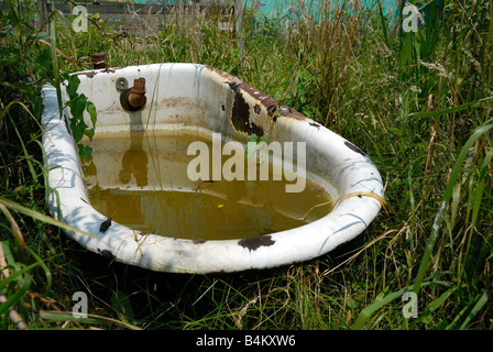 Korrodierte alte Badewanne mit Schmutzwasser gefüllt sitzt auf einer Wiese. Stockfoto