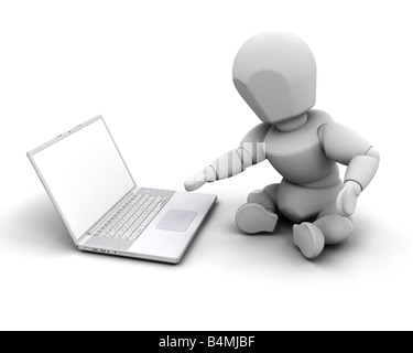 3D Rendern einer Person an einem Computer arbeiten Stockfoto