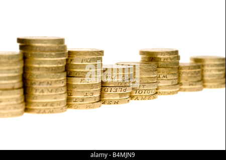 Haufenweise Pfund-Münzen mit weißem Hintergrund Stockfoto