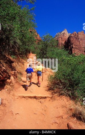 Kinder (im Alter von 4 & 8) Wanderweg die Emerald Pools in Zion Canyon Zion National Park in Utah Stockfoto