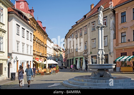 Blick über Stari Trg quadratisch mit der Herkules-Brunnen in der alten Stadt von Lubljana Stadt die Hauptstadt von Slowenien Stockfoto