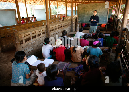 Ein Lehrer-Adressen, die ihrer Klasse in der Dorfschule in La pro Her In Myanmar Birma Tausende von Menschen siedelten sich in der Nähe von der Grenze als Folge der Unterdrückung in ihrem Heimatland um 200 birmanischen Vertriebenen, in La niedergelassen haben pro Her ein Dorf auf der burmesische Seite der Grenze zu Thailand in der Nähe der thailändischen Stadt von Mae Sot sie weigern sich, die Grenze zu überqueren, weil sie in ihrer Heimat dieser Flüchtlinge bleiben wollen unterstützen die Rebellen Bewegung mit dem Namen Straflosigkeit Karen National Liberation Army betreibt in östlichen Birma Jan 2007 Stockfoto