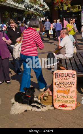 Frau mit Schild anmelden Shopping Centre UK reduzieren YOUR CARBON FOOTPRINT mit weniger Emissionen Stockfoto