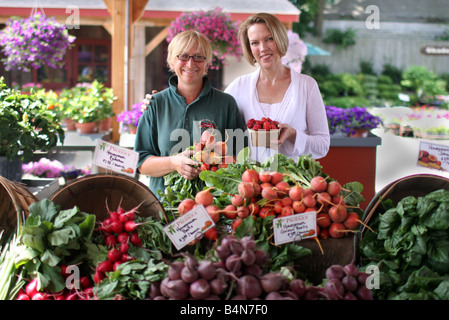 Zwei Frauen, speichern Besitzer eines kleinen Garten und produzieren in Connecticut, USA Stockfoto